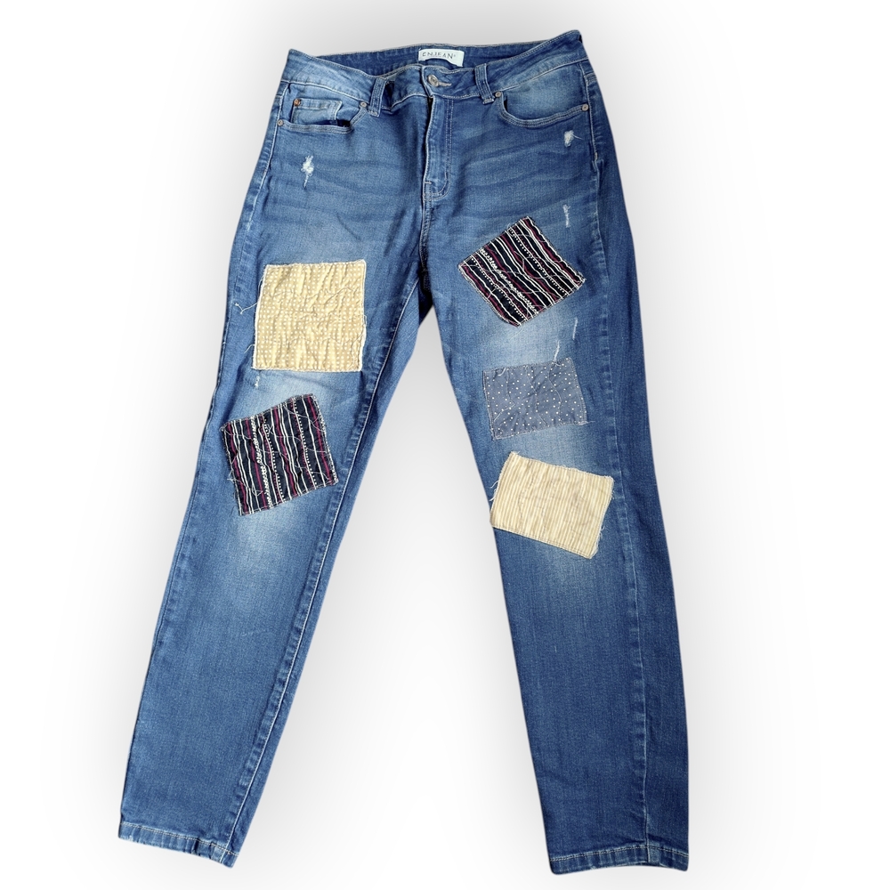 Enjean Women’s Patchwork Distressed Skinny Jeans - Medium Wash Size 11